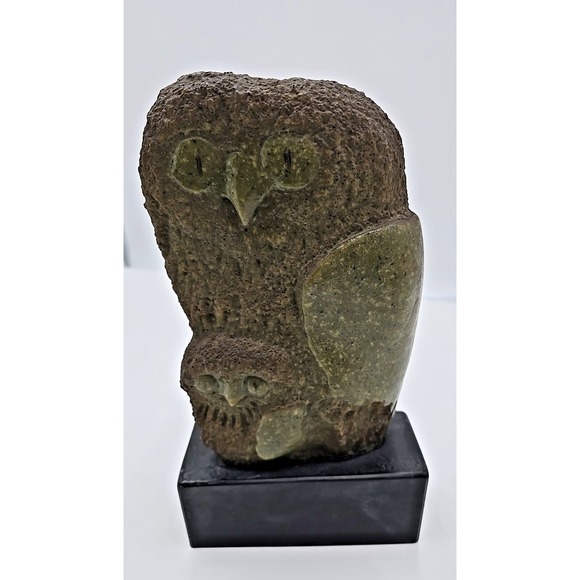 Other - Frank‎ Eliscu signed Olive Green Owl Sculpture and base "Owl Mother And Chick"
